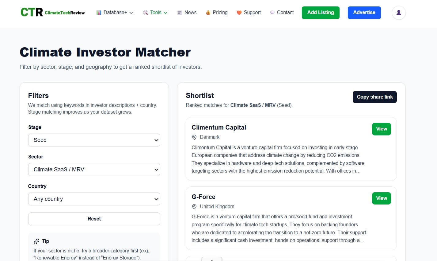 We Built a Free Climate Investor Matcher to Help Founders Find the Right Investors Faster